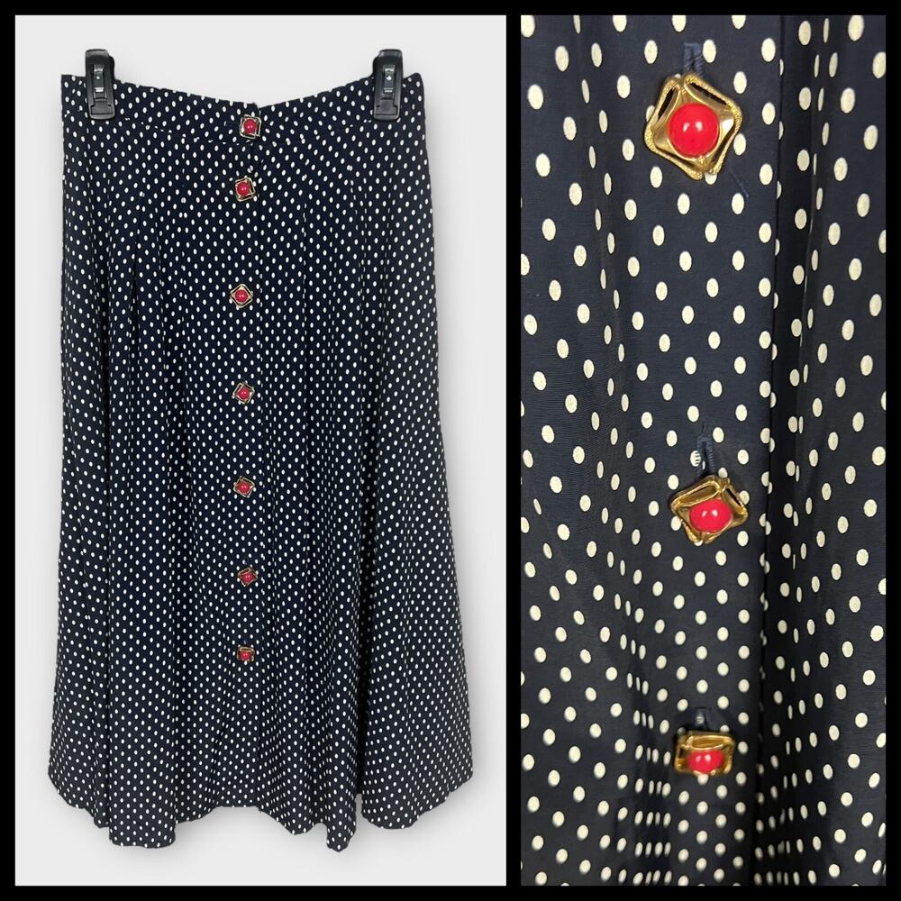 Vintage Blue‎ Navy Polka Dot Button Front Preppy Pleated Midi skirt Size 6/8